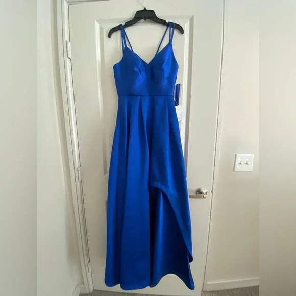 Juniors Sequin Hearts Mikado Strappy Back Gown with Side Slit Royal Blue